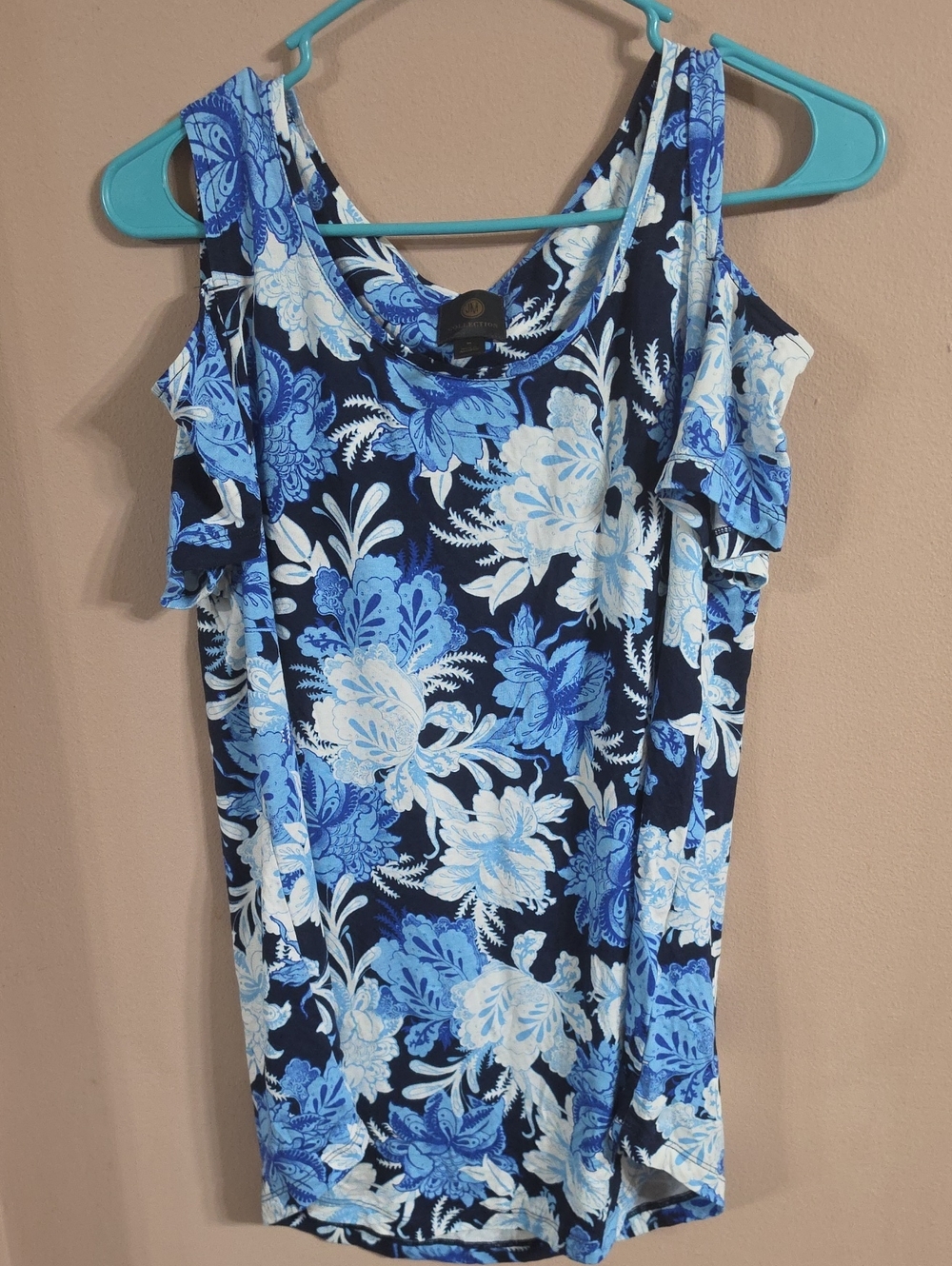 JM Collection Navy and Light Blue Cold-Shoulder Floral Top